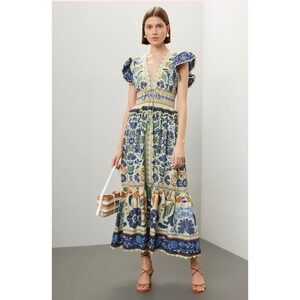 Farm Rio x Anthropologie Ocean Tapestry Maxi Dress V-neck Flutter Sleeves Small
